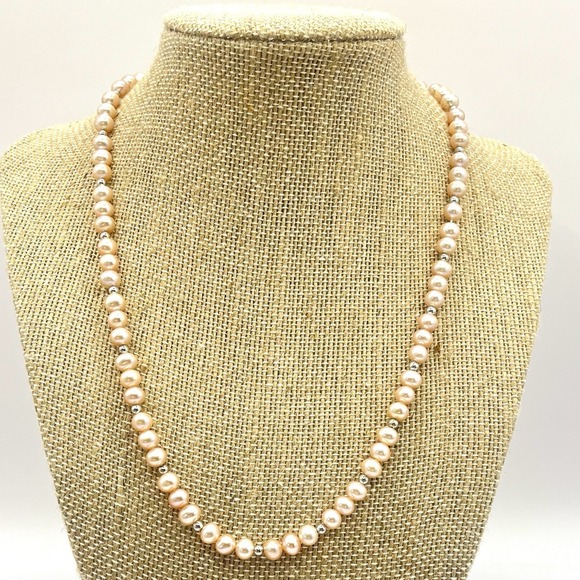 Vintage Freshwater Pink Pearl Necklace With 14k White Gold Beads And Closure 18" - Picture 2 of 15